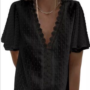 V Neck Lace Crochet Tunic Flowy Blouse  - L